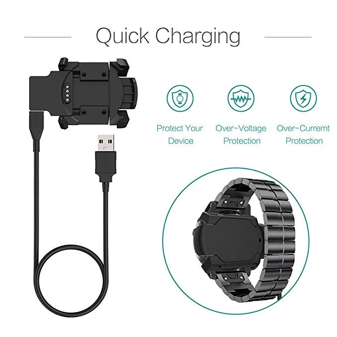 Black watch charging dock with USB cable and protection icons