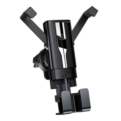 Retractable gravity car phone holder with dual side clamp arms, black finish