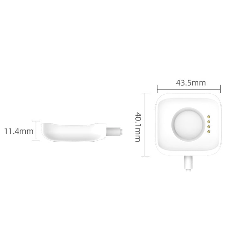 White magnetic charging base for watch with round pad and USB cable, shown with dimensions