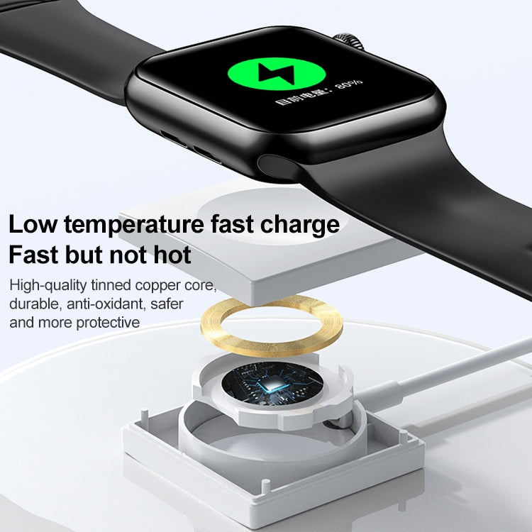 Black magnetic wireless charger with internal coil in white dock for smartwatch