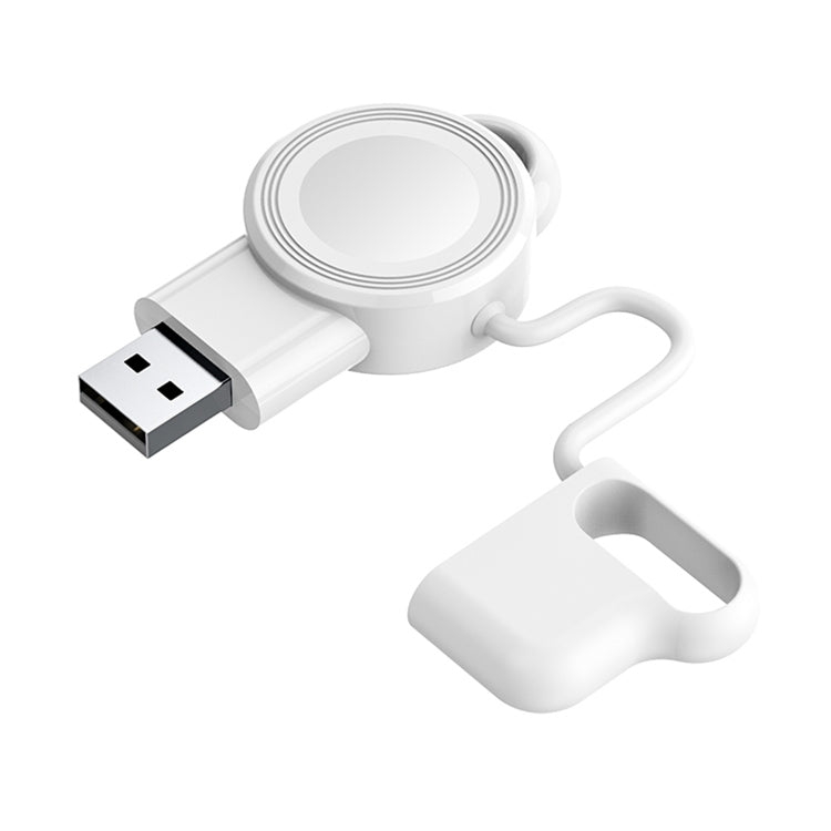 White magnetic wireless charger for Apple Watch with USB cable and lanyard clip