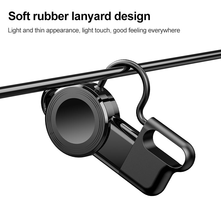 Black magnetic wireless charger with soft rubber lanyard holder and round charging base