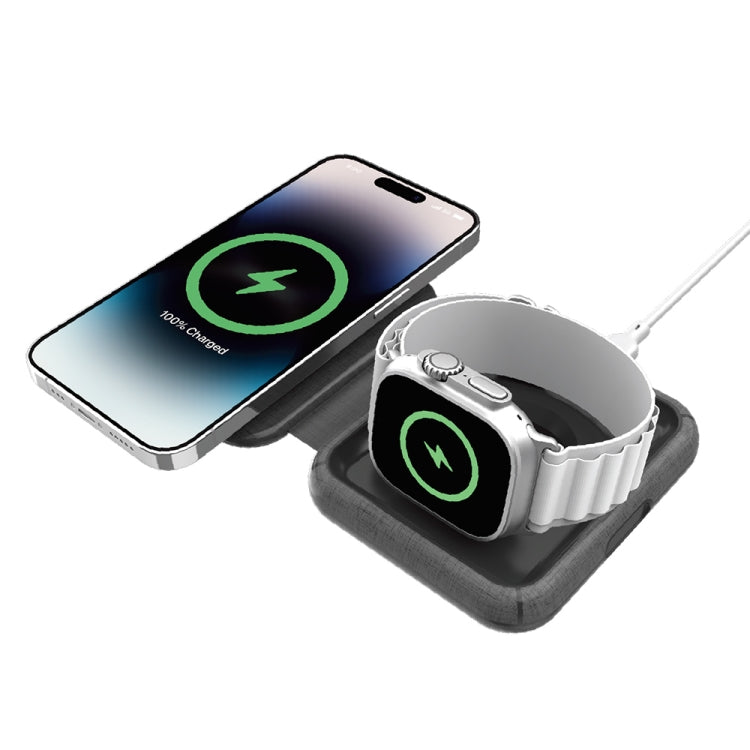 Foldable gray MagSafe magnetic wireless charger with phone and watch dock cradle