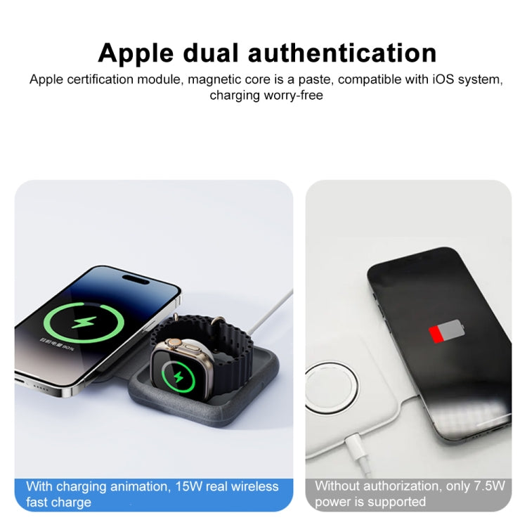 Gray wireless charger with phone charging screen and watch dock charging