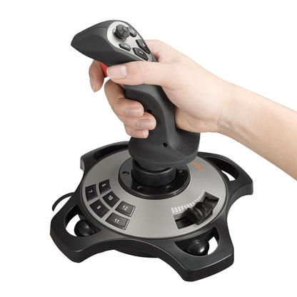 Flight game joystick with black handle and silver base, held in a hand