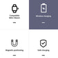 Magnetic wireless watch charger feature icons: wireless, magnetic, safe