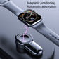 Black magnetic wireless watch charger docked to a watch on a textured surface