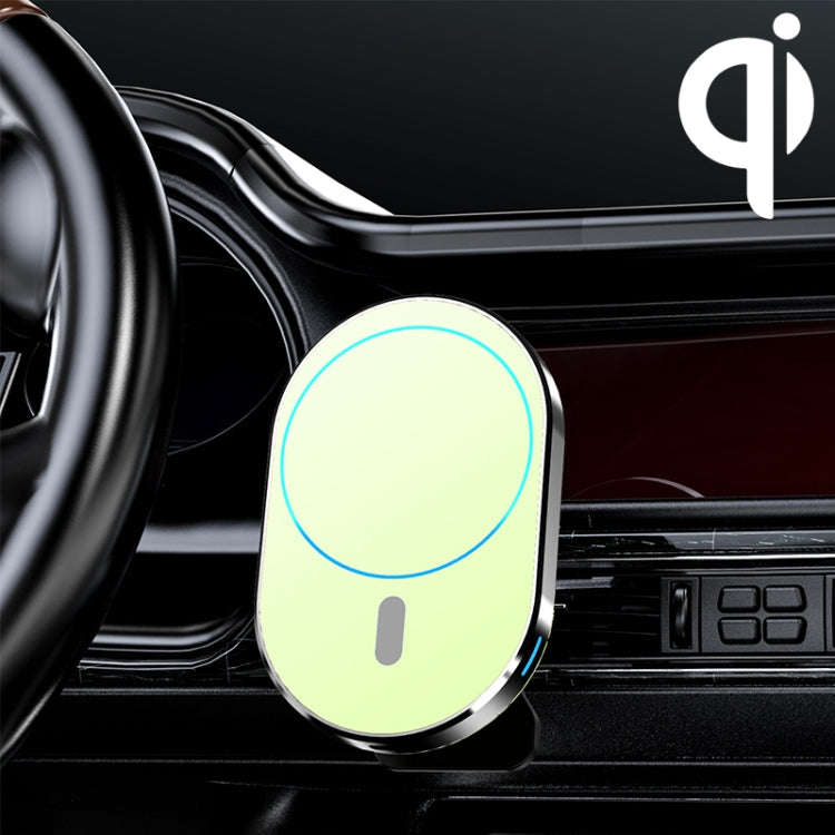 Magnetic car air vent wireless charger bracket with light green face and glowing ring