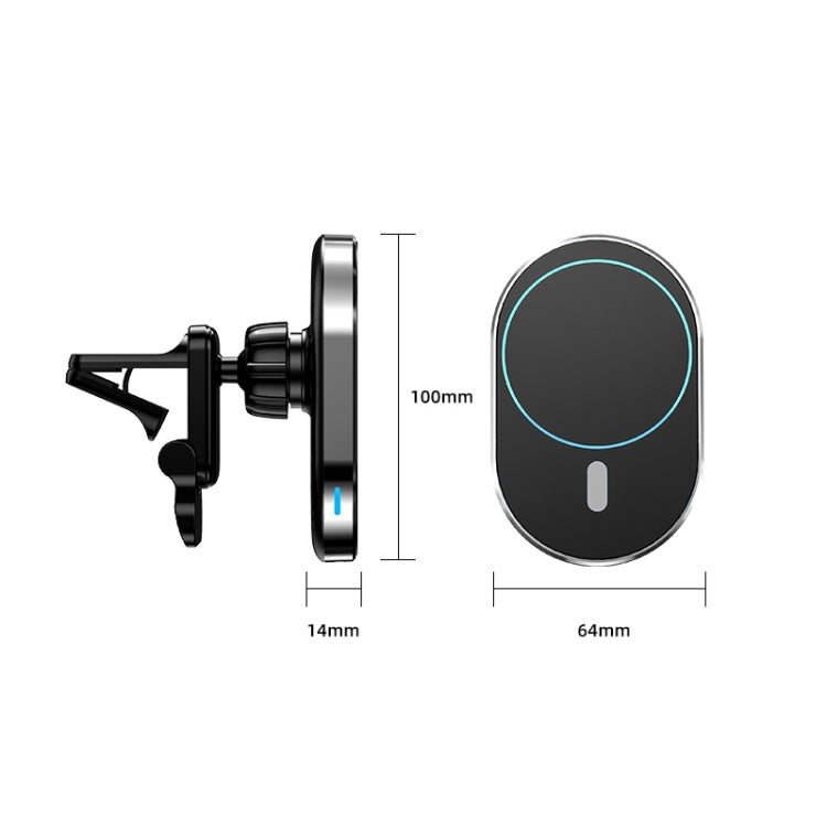 Magnetic car air vent wireless charger bracket with size diagram and black housing