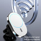 Magnetic car wireless charger bracket with white housing and blue charging light on vent