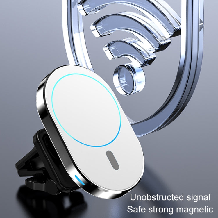 Magnetic car wireless charger bracket with white housing and blue charging light on vent