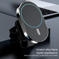 Magnetic car wireless charger bracket with black housing and blue charging ring on vent