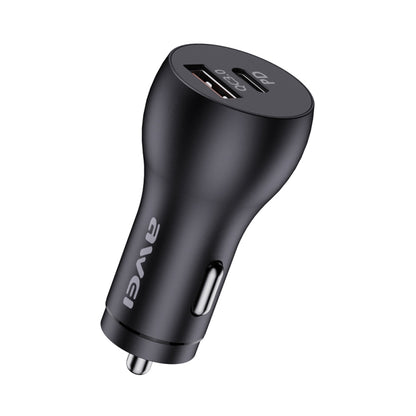 Black Awei car charger with USB-C and USB-A ports, angled plug