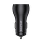 Black Awei car charger front view with two pin connector and dual USB ports
