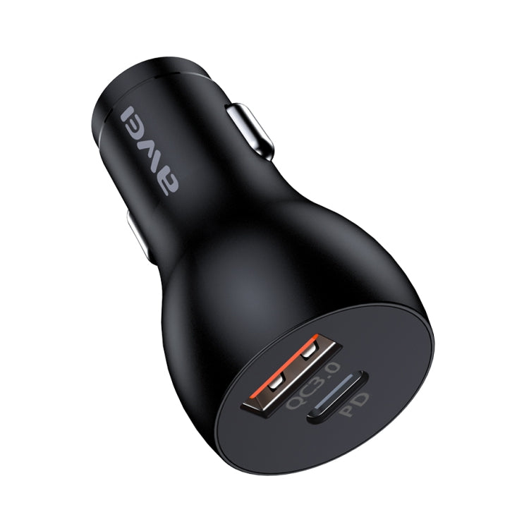 Black Awei compact car charger with dual USB ports and QC3.0/PD labeling