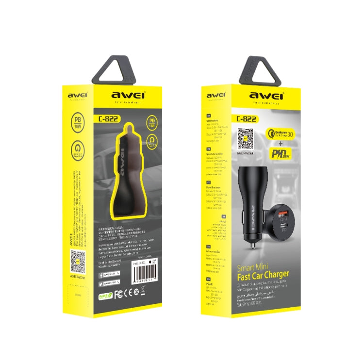 Awei C-822 car charger retail box set with PD and QC 3.0 highlights