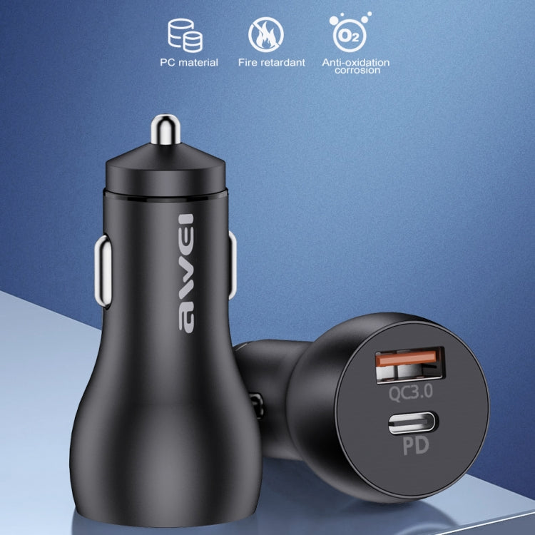 Black Awei fast car charger with two side pins and USB port on top