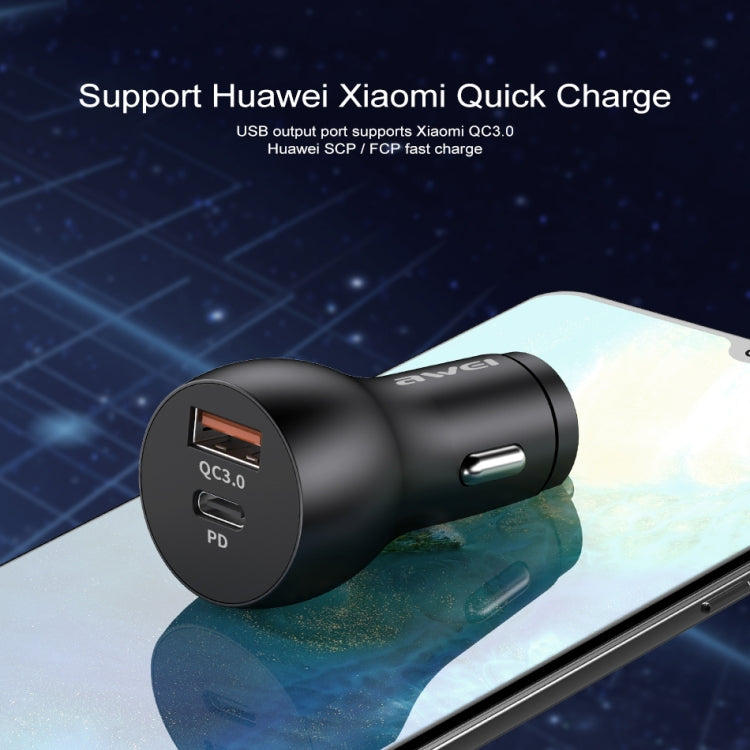 Black Awei mini car charger with QC 3.0 and PD ports, circular face