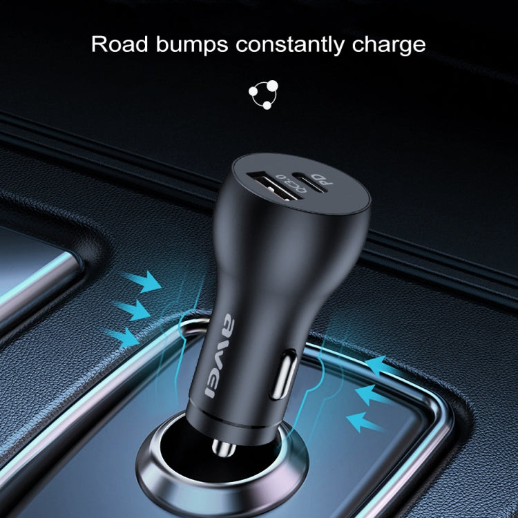 Black Awei car charger on dashboard with dual USB ports