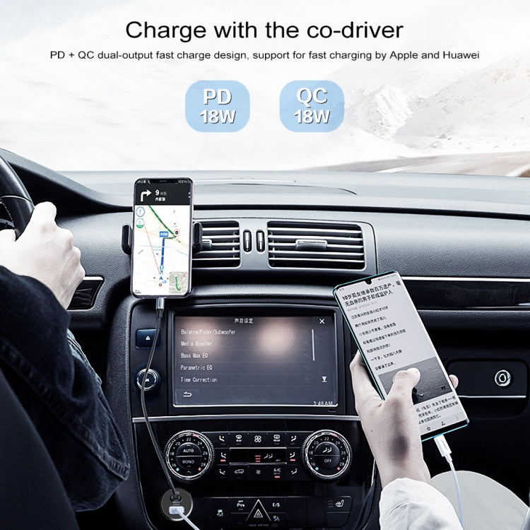Black Awei dual fast car charger plugged into a car dashboard