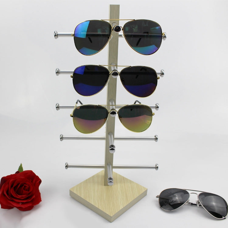 Oak wood sunglasses display stand with clear glass frame, 6 pairs on pegs