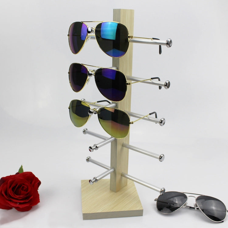 Oak wood sunglasses display stand with clear glass panel and rotating metal pegs