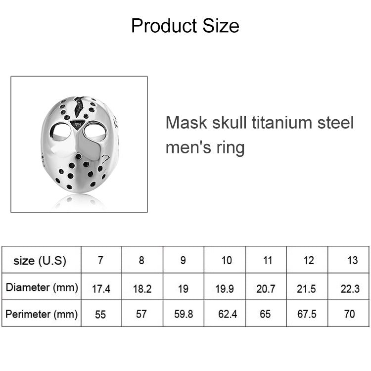 Ring size chart showing diameter and perimeter for mask skull men’s ring