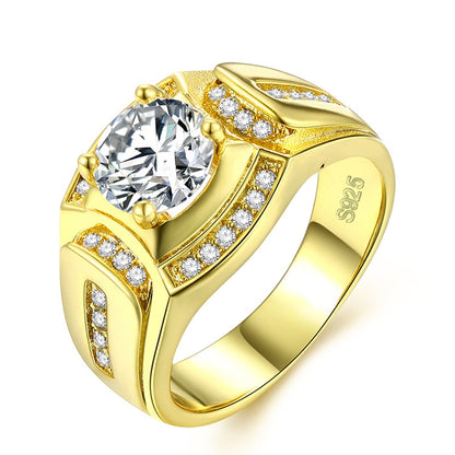 Gold-plated men’s ring with oval center zircon and round side zircon accents