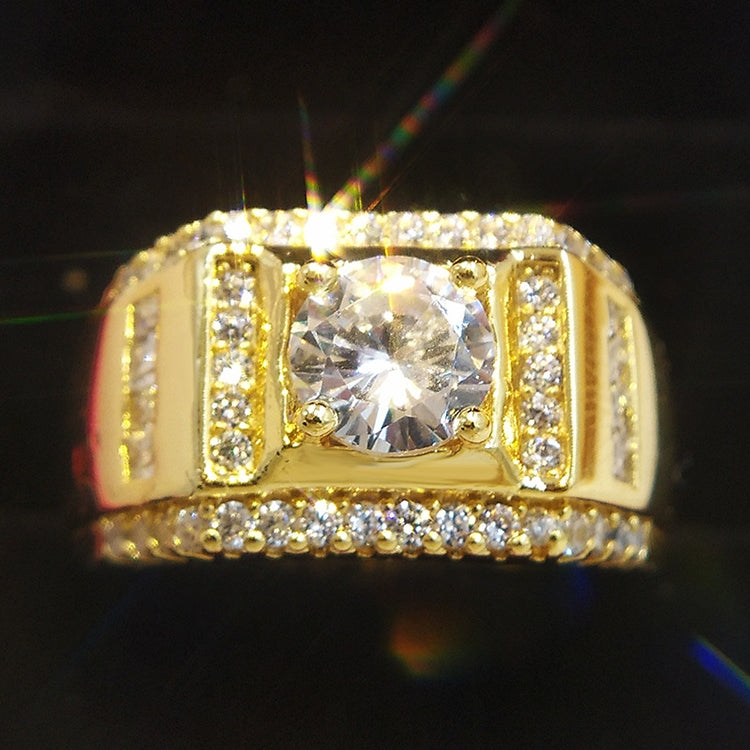 Gold-plated men's ring with clear center stone and pavé zircon