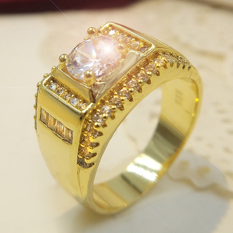 Men's gold plated ring with clear princess-cut zircon center and side bar stones