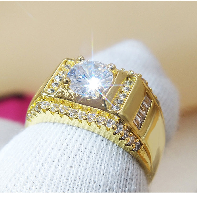 Gold-plated men's ring with large clear center stone and pavé rhinestones