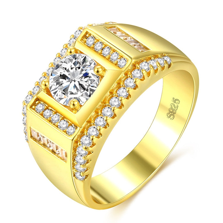 Gold-plated men’s diamond ring with round center stone and square side accents