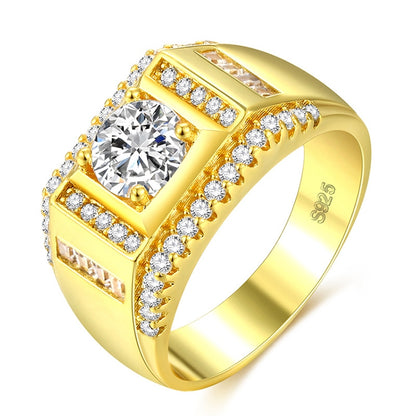 Gold-plated men’s diamond ring with round center stone and square side accents