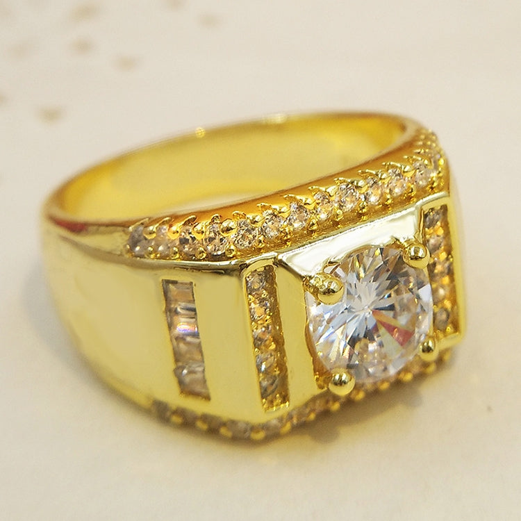 Gold-plated men's ring with clear zircon and rhinestone accents