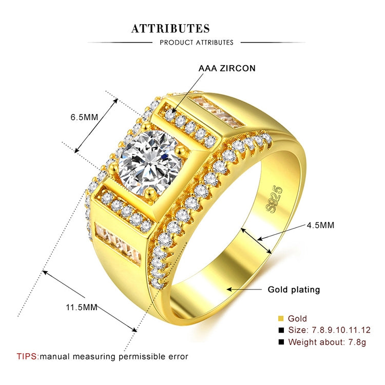 Gold-plated men’s diamond ring with AAA zircon detail, size measurements diagram