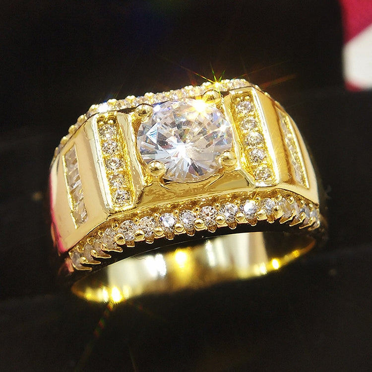 Gold-tone men’s zircon ring, large square center stone with side rhinestones