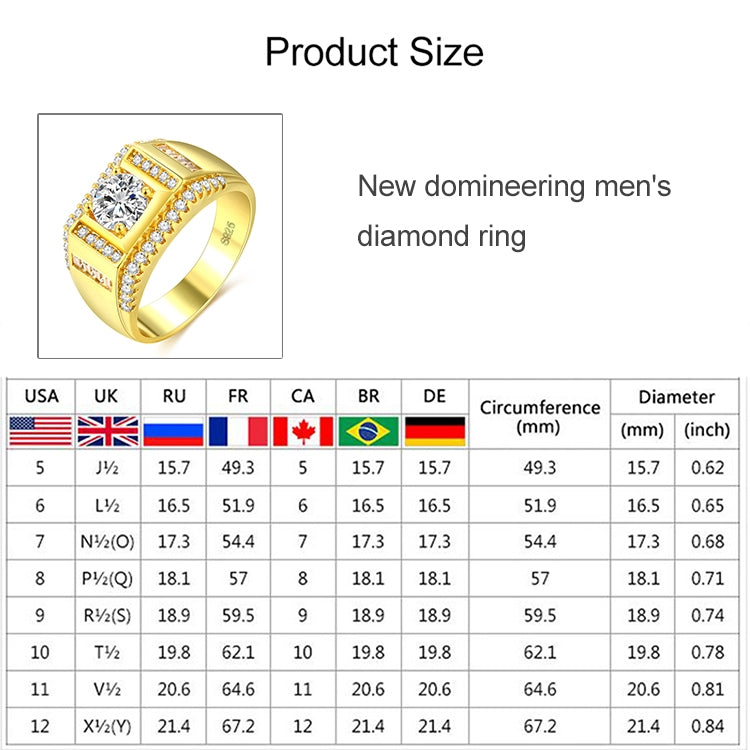 Ring product size chart with gold men’s zircon ring thumbnail