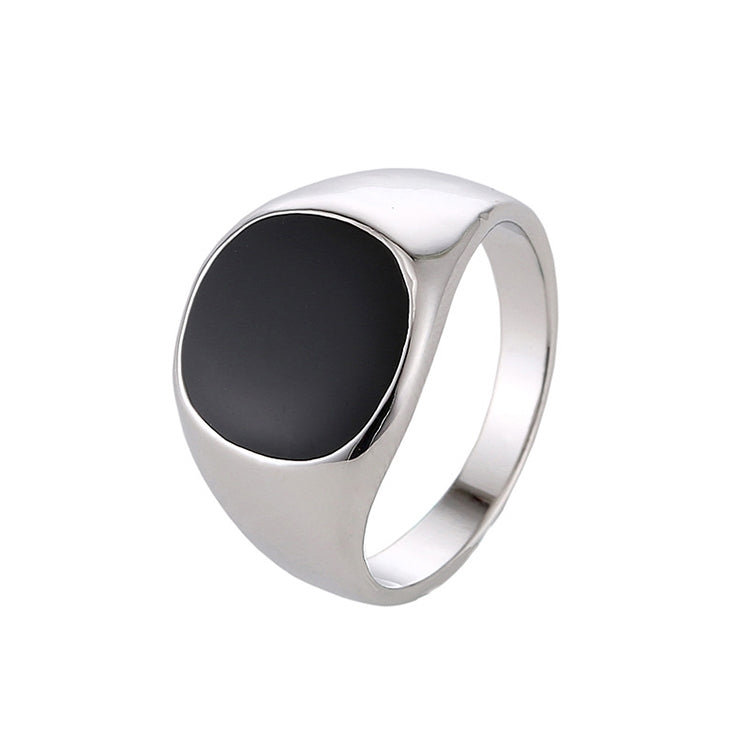 Polished silver-tone drip signet ring with black oval center face