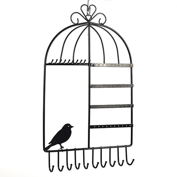 Black birdcage-style earring and necklace display rack with rows of hooks