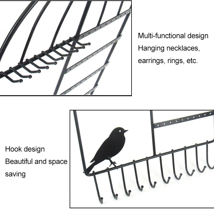 Black birdcage jewelry rack with multi-row necklace hooks and earring holders