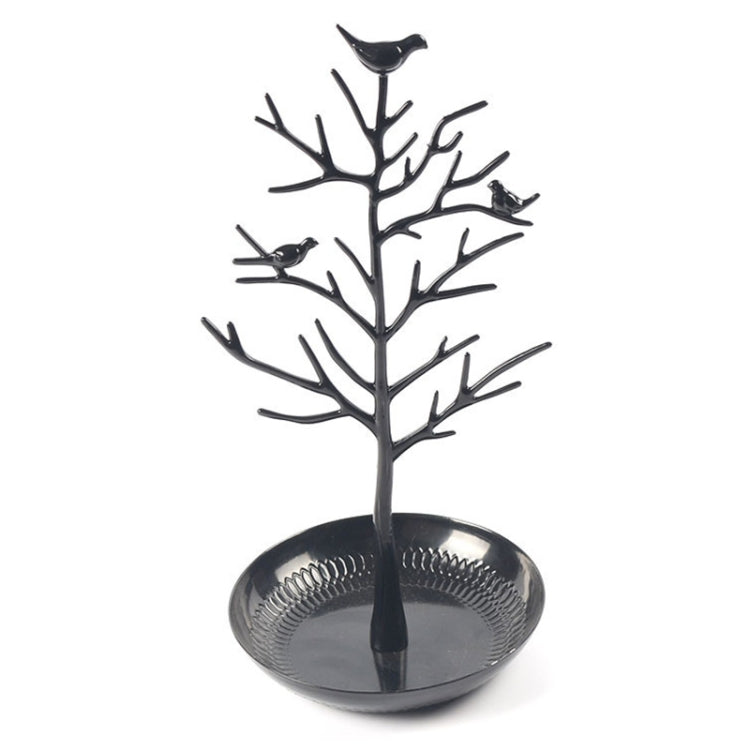 Black tree jewelry organizer with bird figurines and round metal earring tray
