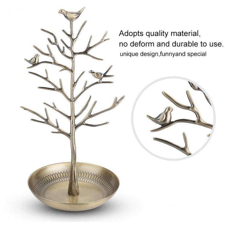 Silver-toned tree jewelry display rack with bird charms and round tray base