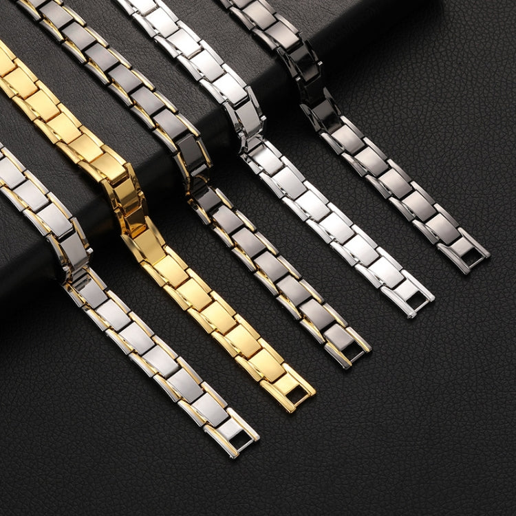 Men's magnetic therapy bracelets, steel, gold, and black link metal.
