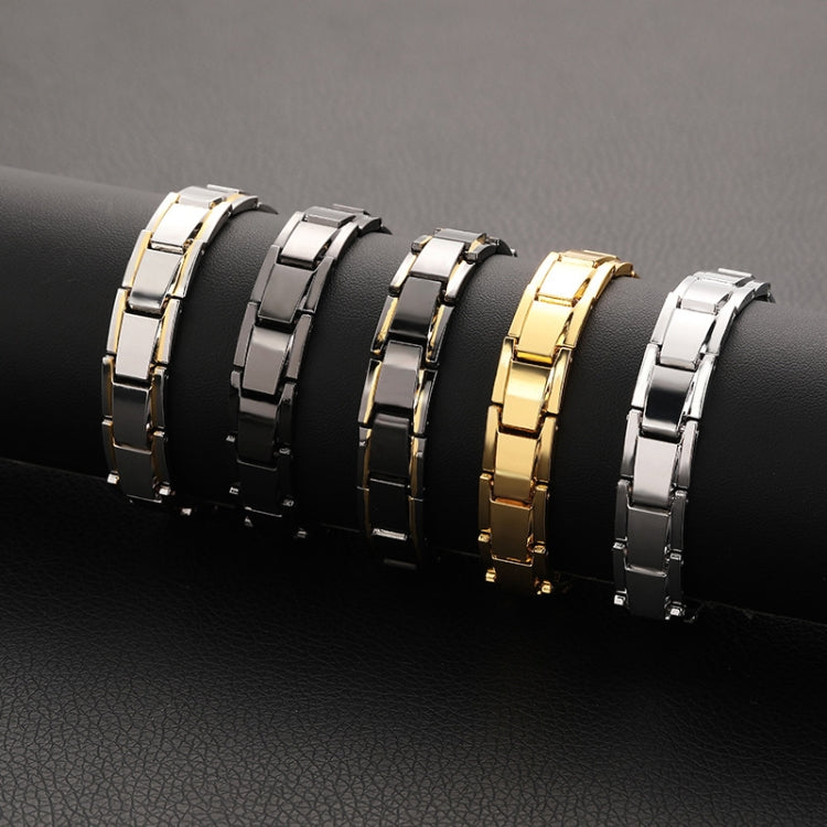 Men's titanium steel link chain bracelet, gold and silver tones with black accents