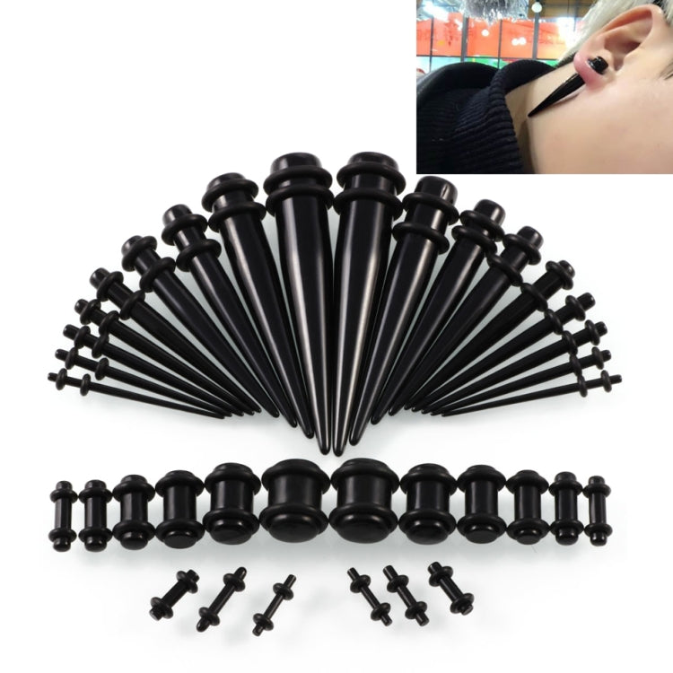 Black acrylic ear stretcher set with flared plugs and matching insertion pins