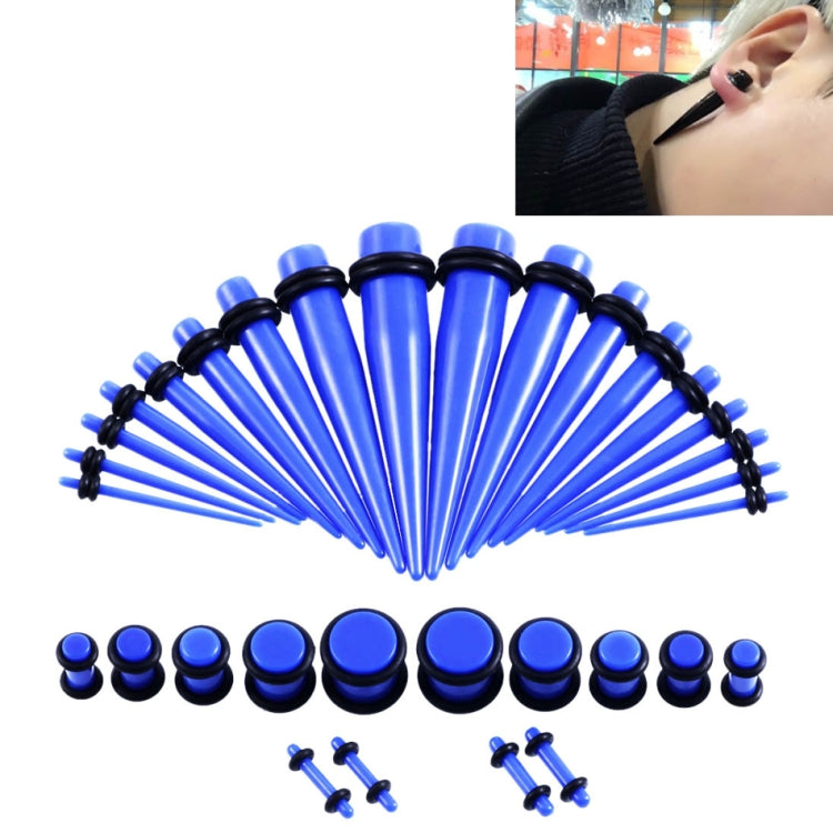 Blue acrylic ear stretcher set with black flared plugs and insertion pins