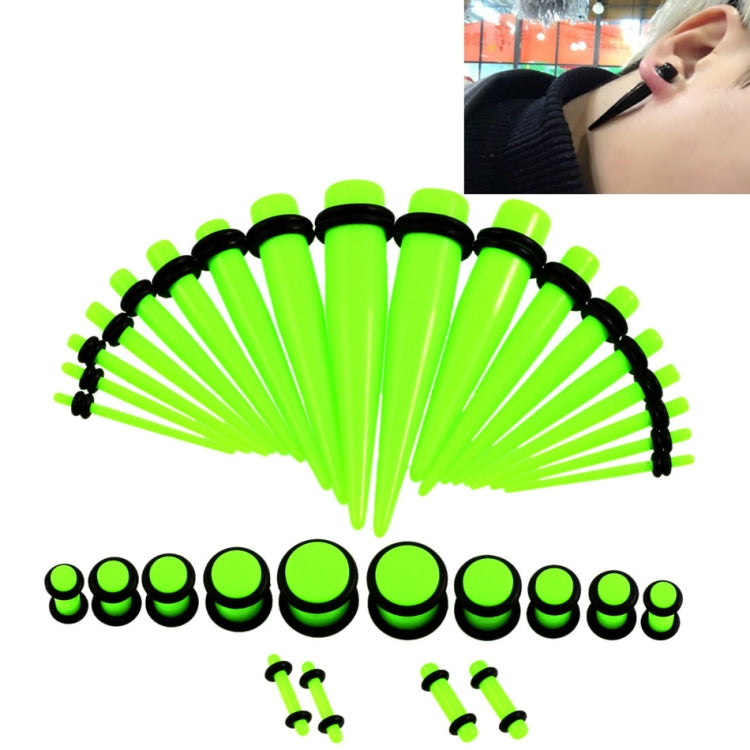 Unisex acrylic ear expansion set with neon green plugs and black posts
