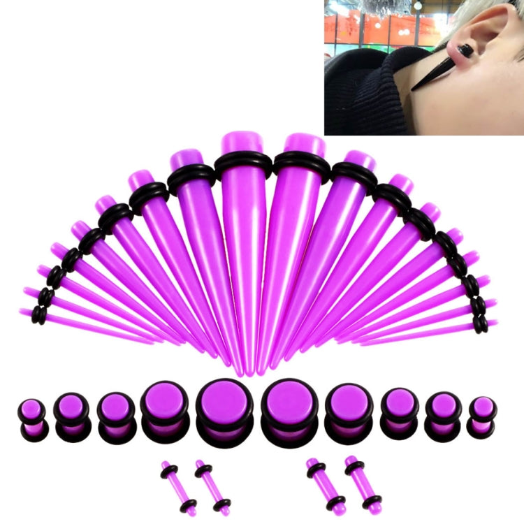 Purple acrylic ear stretcher set with black plugs and multiple sizes