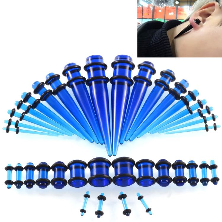 Blue acrylic ear stretcher set with black rings, flared plugs, and insertion pins