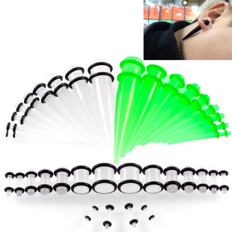 White and green acrylic ear stretcher set with black plugs and insertion pins